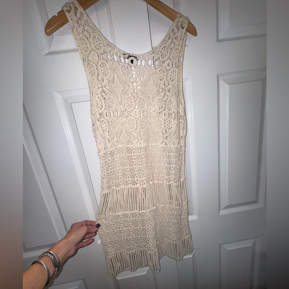 Boho Dor Dor Couture Crochet Lace Fringe Beach Cover Up | Size M - Picture 8 of 13